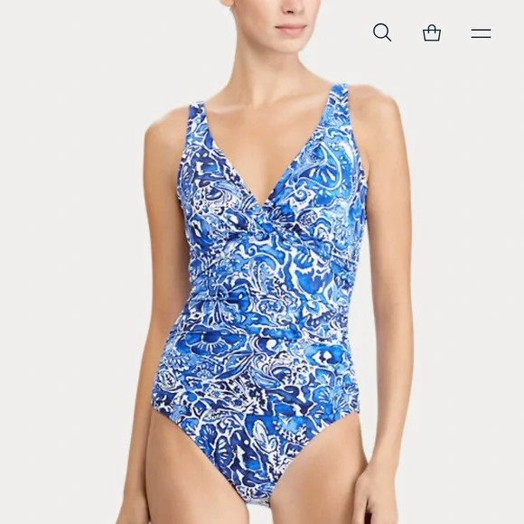 SOLD ☀️Ralph Lauren Women’s Tummy Slimming Blue Floral One Piece Swimsuit Sz 12 - Picture 2 of 13